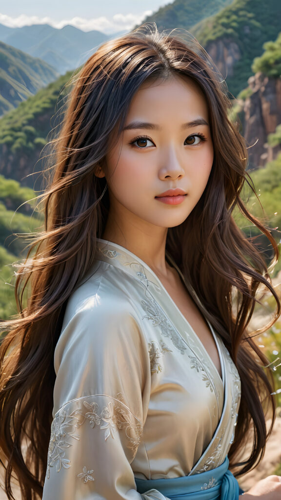 A stunningly (((super realistic, detailed portrait))), featuring a (((beautiful young Chinese girl with long, flowing hair))), caught in a (((serene moment of tenderness))), with her gaze softly directed towards the viewer, a slight (smile) that adds a touch of warmth, her ((curved body)) softly outlined by her (serene, chocolate brown hills) backdrop, exuding an air of (intricate, natural beauty) and (mental calmness), hyper detailed, 8k, both