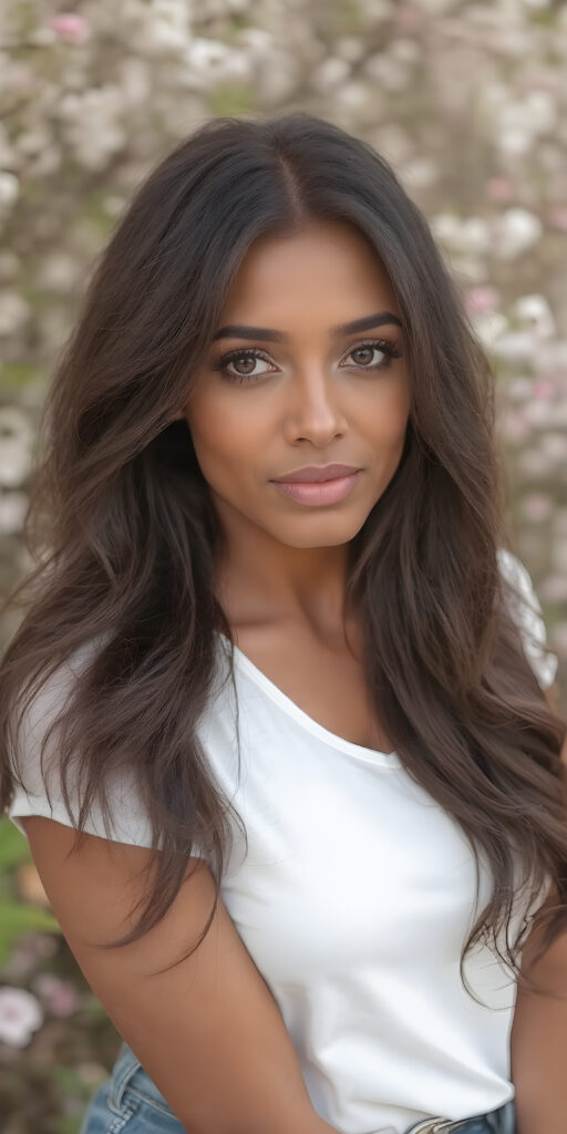 A (((stunningly beautiful lady))) with flowing, (((short, slightly wavy, dark straight hair))), (((vividly brown eyes))), and (((light brown skin))), that exudes a (soft, natural glow) against a backdrop of a (spring-time garden) where she's elegantly posed, (((Dressed in a (((white t-shirt))), (((Blue jeans))), that complements her outfit, highlighting her poised, natural beauty in a (hyper-realistic, 8K photograph), with (extremely detailed and intricate details) that bring out the (natural beauty and subtle details of her skin) in a (professional studio setting)