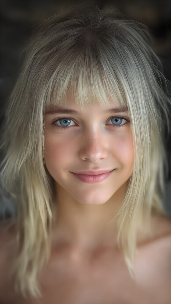 A (((stunningly beautiful full body portrait))) featuring a young girl with (intricate, detailed straight blonde hair) and a (vividly toned, natural face) that exudes an air of playful imagination and creativity. She looks directly into the camera, with her gaze holding a (cheerful smile) that complements her flawless complexion beautifully. The scene is all about the woman's body and its intricate details, with emphasis on exuding a youthful athletic beauty that radiates from her natural form