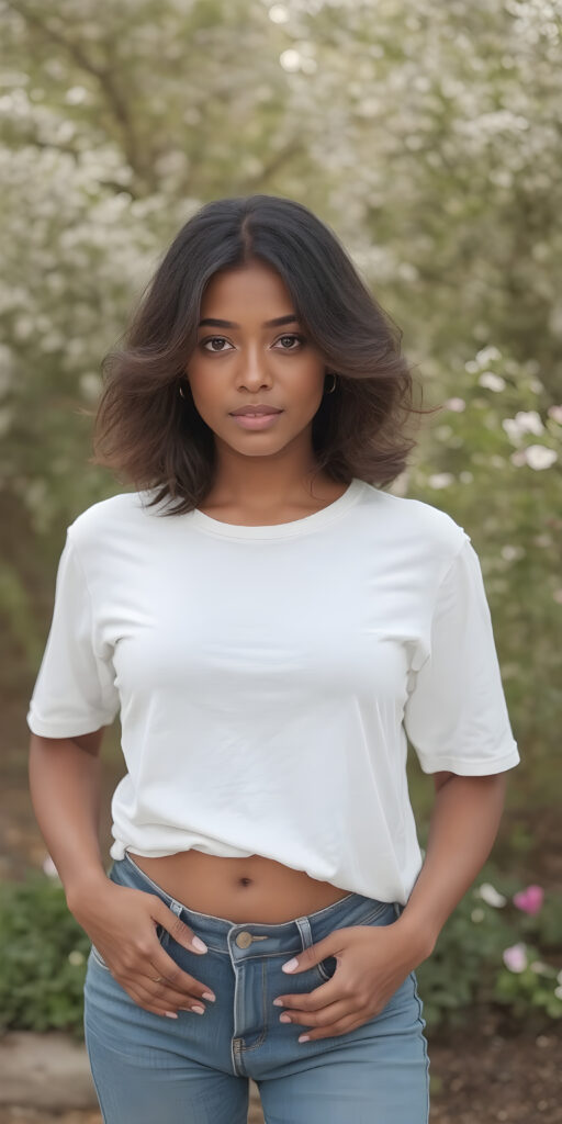 A (((stunningly beautiful lady))) with flowing, (((short, slightly wavy, dark straight hair))), (((vividly brown eyes))), and (((light brown skin))), that exudes a (soft, natural glow) against a backdrop of a (spring-time garden) where she's elegantly posed, (((Dressed in a (((white t-shirt))), (((Blue jeans))), that complements her outfit, highlighting her poised, natural beauty in a (hyper-realistic, 8K photograph), with (extremely detailed and intricate details) that bring out the (natural beauty and subtle details of her skin) in a (professional studio setting)