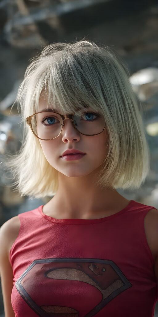 A stunningly detailed (((full angle body shot))), with intricate patterns and detailed textures, capturing a beautifully illustrated (((young supergirl in her classic costume))), her iconic blonde hair is styled in a sleek, high-tech bob with a 4K resolution, framed by a futuristic glasses that reflect the modern aesthetic. The scene is set against a backdrop of hyper-realistic, detailed environments that push the limits of imagination, creating a breathtaking visual symphony that defies the realm of possibility. Modern color grading techniques bring the whole composition to life, elevating this advanced image to the highest standard of artistry and technique, giving the viewer a truly unforgettable visual masterpiece