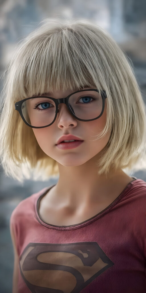 A stunningly detailed (((full angle body shot))), with intricate patterns and detailed textures, capturing a beautifully illustrated (((young supergirl in her classic costume))), her iconic blonde hair is styled in a sleek, high-tech bob with a 4K resolution, framed by a futuristic glasses that reflect the modern aesthetic. The scene is set against a backdrop of hyper-realistic, detailed environments that push the limits of imagination, creating a breathtaking visual symphony that defies the realm of possibility. Modern color grading techniques bring the whole composition to life, elevating this advanced image to the highest standard of artistry and technique, giving the viewer a truly unforgettable visual masterpiece