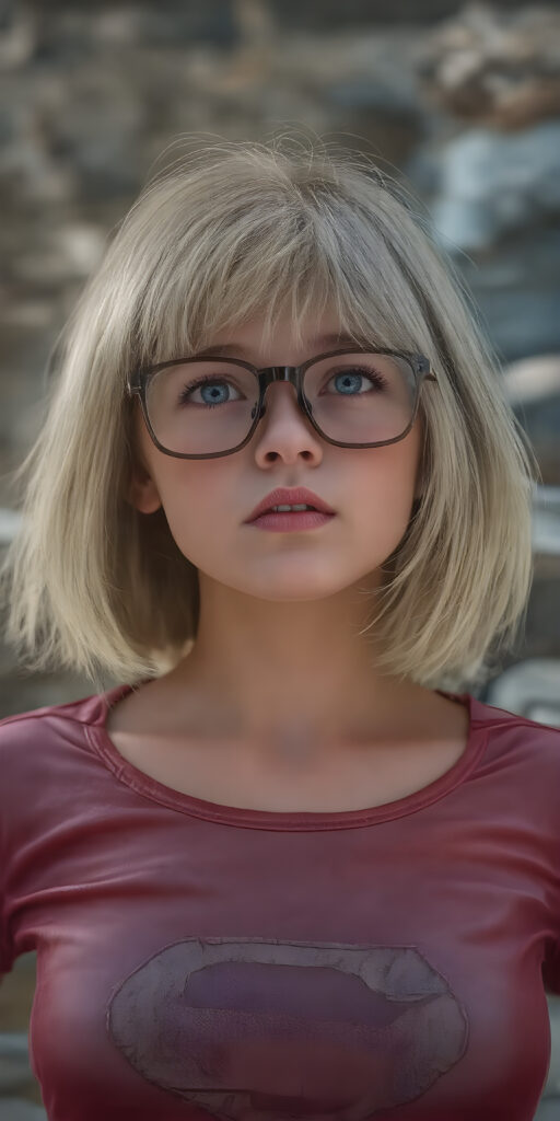 A stunningly detailed (((full angle body shot))), with intricate patterns and detailed textures, capturing a beautifully illustrated (((young supergirl in her classic costume))), her iconic blonde hair is styled in a sleek, high-tech bob with a 4K resolution, framed by a futuristic glasses that reflect the modern aesthetic. The scene is set against a backdrop of hyper-realistic, detailed environments that push the limits of imagination, creating a breathtaking visual symphony that defies the realm of possibility. Modern color grading techniques bring the whole composition to life, elevating this advanced image to the highest standard of artistry and technique, giving the viewer a truly unforgettable visual masterpiece