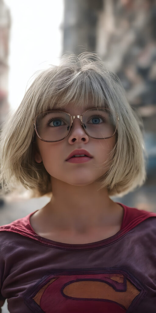 A stunningly detailed (((full angle body shot))), with intricate patterns and detailed textures, capturing a beautifully illustrated (((young supergirl in her classic costume))), her iconic blonde hair is styled in a sleek, high-tech bob with a 4K resolution, framed by a futuristic glasses that reflect the modern aesthetic. The scene is set against a backdrop of hyper-realistic, detailed environments that push the limits of imagination, creating a breathtaking visual symphony that defies the realm of possibility. Modern color grading techniques bring the whole composition to life, elevating this advanced image to the highest standard of artistry and technique, giving the viewer a truly unforgettable visual masterpiece