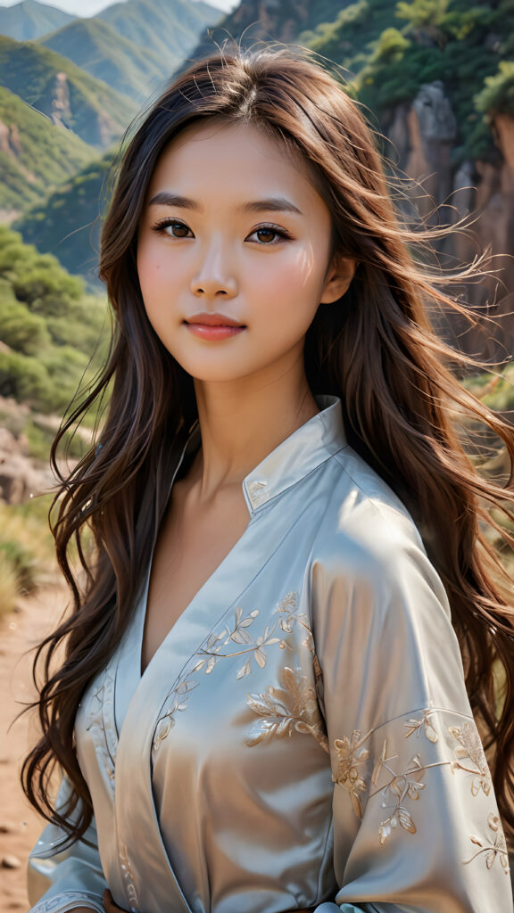 A stunningly (((super realistic, detailed portrait))), featuring a (((beautiful young Chinese girl with long, flowing hair))), caught in a (((serene moment of tenderness))), with her gaze softly directed towards the viewer, a slight (smile) that adds a touch of warmth, her ((curved body)) softly outlined by her (serene, chocolate brown hills) backdrop, exuding an air of (intricate, natural beauty) and (mental calmness), hyper detailed, 8k, both