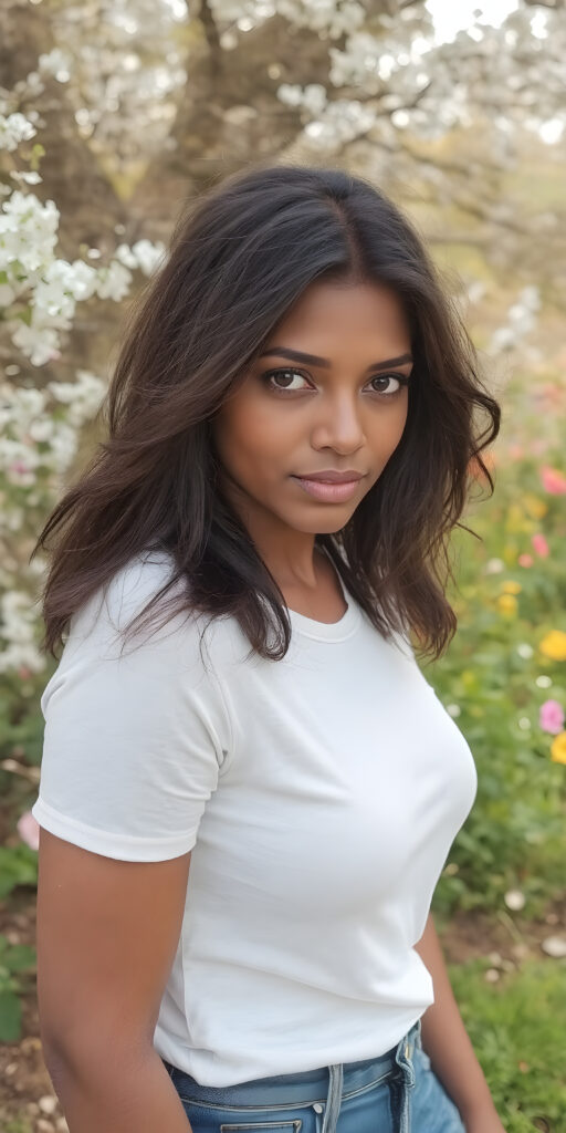 A (((stunningly beautiful lady))) with flowing, (((short, slightly wavy, dark straight hair))), (((vividly brown eyes))), and (((light brown skin))), that exudes a (soft, natural glow) against a backdrop of a (spring-time garden) where she's elegantly posed, (((Dressed in a (((white t-shirt))), (((Blue jeans))), that complements her outfit, highlighting her poised, natural beauty in a (hyper-realistic, 8K photograph), with (extremely detailed and intricate details) that bring out the (natural beauty and subtle details of her skin) in a (professional studio setting)