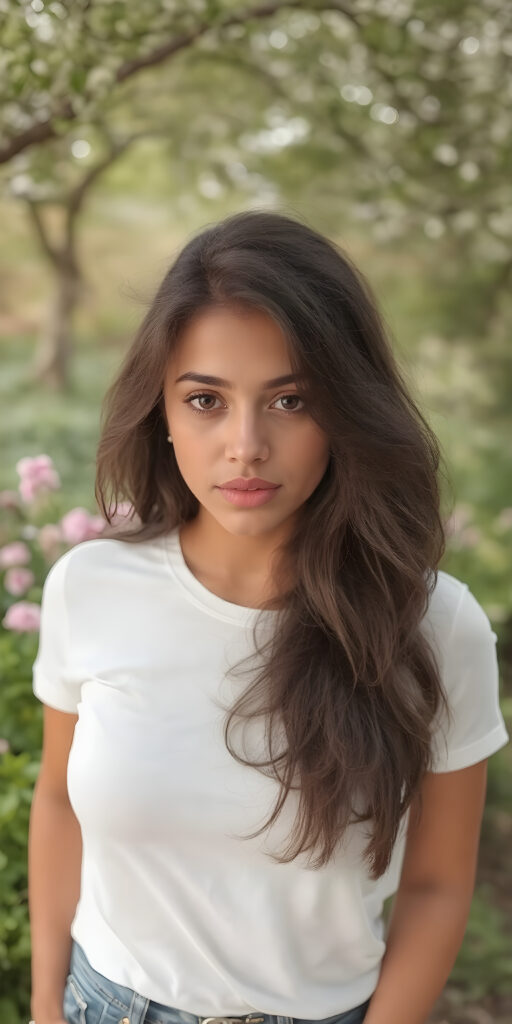 A (((stunningly beautiful lady))) with flowing, (((short, slightly wavy, dark straight hair))), (((vividly brown eyes))), and (((light brown skin))), that exudes a (soft, natural glow) against a backdrop of a (spring-time garden) where she's elegantly posed, (((Dressed in a (((white t-shirt))), (((Blue jeans))), that complements her outfit, highlighting her poised, natural beauty in a (hyper-realistic, 8K photograph), with (extremely detailed and intricate details) that bring out the (natural beauty and subtle details of her skin) in a (professional studio setting)