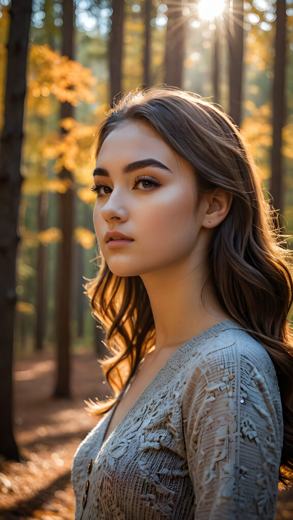 a stunningly gorgeous (((teenage girl))) with a perfectly proportioned figure captured in a side view, exhibiting exquisite (((full body detail))), against a backdrop of a serene, (((autumn forest))), with deeply concentrated (((shadows))), luxuriously detailed foliage, and a soft, (((bokeh effect))), emanating from a sharp focus on her features, which are intricate down to the delicate (((eyebrows))) and (((lashes))), all captured at ultra high resolution