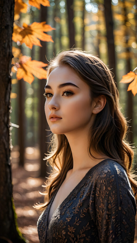 a stunningly gorgeous (((teenage girl))) with a perfectly proportioned figure captured in a side view, exhibiting exquisite (((full body detail))), against a backdrop of a serene, (((autumn forest))), with deeply concentrated (((shadows))), luxuriously detailed foliage, and a soft, (((bokeh effect))), emanating from a sharp focus on her features, which are intricate down to the delicate (((eyebrows))) and (((lashes))), all captured at ultra high resolution