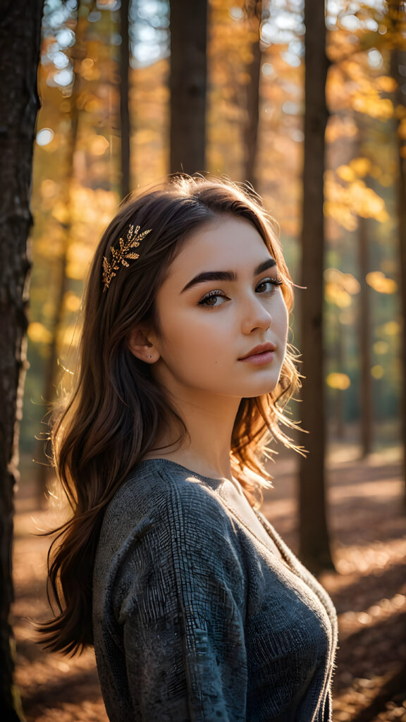 a stunningly gorgeous (((teenage girl))) with a perfectly proportioned figure captured in a side view, exhibiting exquisite (((full body detail))), against a backdrop of a serene, (((autumn forest))), with deeply concentrated (((shadows))), luxuriously detailed foliage, and a soft, (((bokeh effect))), emanating from a sharp focus on her features, which are intricate down to the delicate (((eyebrows))) and (((lashes))), all captured at ultra high resolution