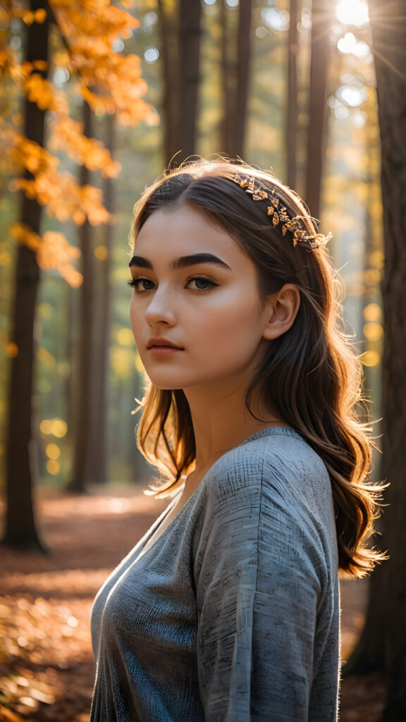 a stunningly gorgeous (((teenage girl))) with a perfectly proportioned figure captured in a side view, exhibiting exquisite (((full body detail))), against a backdrop of a serene, (((autumn forest))), with deeply concentrated (((shadows))), luxuriously detailed foliage, and a soft, (((bokeh effect))), emanating from a sharp focus on her features, which are intricate down to the delicate (((eyebrows))) and (((lashes))), all captured at ultra high resolution