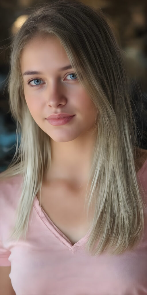 A stunningly realistic (((close-up portrait))), capturing a beautiful petite teen girl with straight long soft hair, looking seductive and smile. Her face exudes a unique combination of sharp features, with high cheekbones, almond-shaped eyes, and a soft, almost translucent complexion. The girl is wearing a light pink plain t-shirt with a deep v-neck, that accentuates her toned figure. She's posed seductively, with one hand on her hip and the other holding a small luxurious mink coat, which is open. The coat is adorned with an elegant high collar, which is fully buttoned up. The mink fur is a soft light gray, with a very distinct pattern that looks like real fur. The fur has a nice shiny texture, which gives off a luxurious vibe. The girl has beautiful straight soft long white hair, which is very distinct among other breeds of dog.