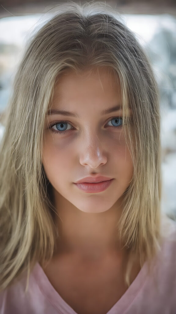 A stunningly realistic (((close-up portrait))), capturing a beautiful petite teen girl with straight long soft hair, looking seductive and smile. Her face exudes a unique combination of sharp features, with high cheekbones, almond-shaped eyes, and a soft, almost translucent complexion. The girl is wearing a light pink plain t-shirt with a deep v-neck, that accentuates her toned figure. She's posed seductively, the girl has beautiful straight soft long gold brown hair