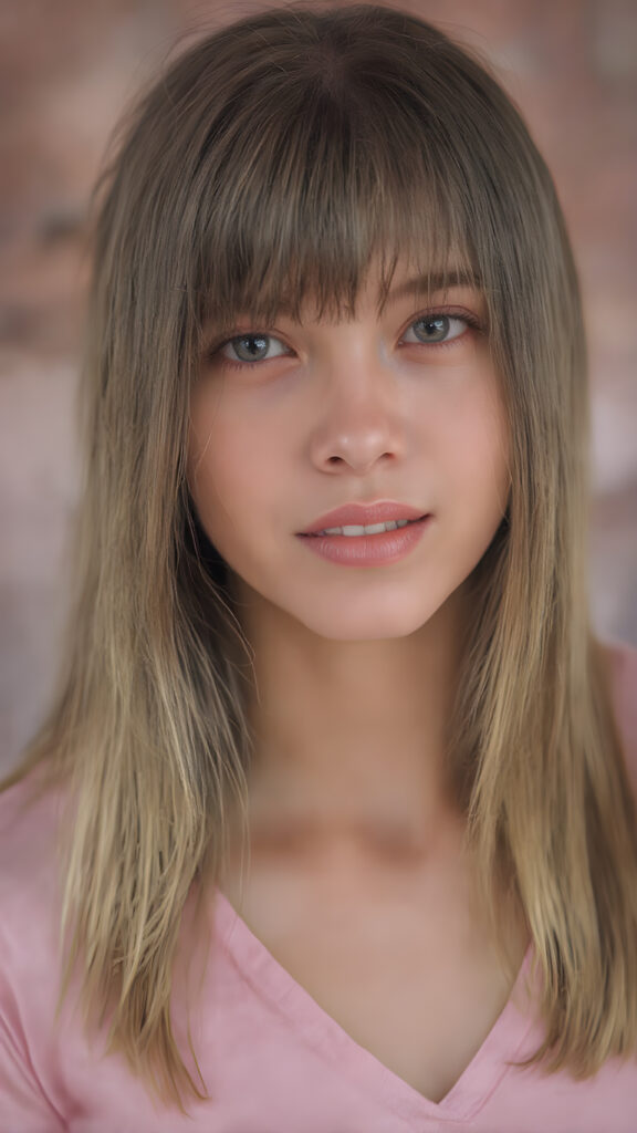 A stunningly realistic (((close-up portrait))), capturing a beautiful petite teen girl with straight long soft hair, looking seductive and smile. Her face exudes a unique combination of sharp features, with high cheekbones, almond-shaped eyes, and a soft, almost translucent complexion. The girl is wearing a light pink plain t-shirt with a deep v-neck, that accentuates her toned figure. She's posed seductively, the girl has beautiful straight soft long gold brown hair