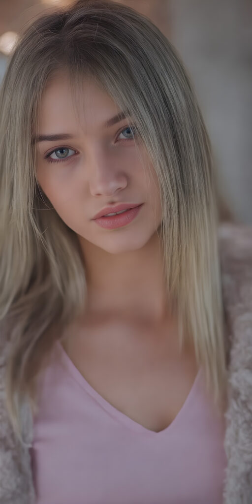 A stunningly realistic (((close-up portrait))), capturing a beautiful petite teen girl with straight long soft hair, looking seductive and smile. Her face exudes a unique combination of sharp features, with high cheekbones, almond-shaped eyes, and a soft, almost translucent complexion. The girl is wearing a light pink plain t-shirt with a deep v-neck, that accentuates her toned figure. She's posed seductively, with one hand on her hip and the other holding a small luxurious mink coat, which is open. The coat is adorned with an elegant high collar, which is fully buttoned up. The mink fur is a soft light gray, with a very distinct pattern that looks like real fur. The fur has a nice shiny texture, which gives off a luxurious vibe. The girl has beautiful straight soft long white hair, which is very distinct among other breeds of dog.