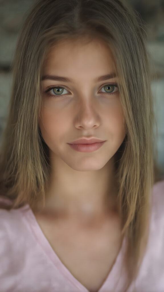 A stunningly realistic (((close-up portrait))), capturing a beautiful petite teen girl with straight long soft hair, looking seductive and smile. Her face exudes a unique combination of sharp features, with high cheekbones, almond-shaped eyes, and a soft, almost translucent complexion. The girl is wearing a light pink plain t-shirt with a deep v-neck, that accentuates her toned figure. She's posed seductively, the girl has beautiful straight soft long gold brown hair