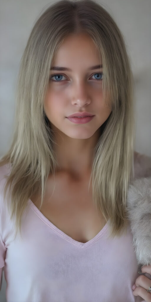 A stunningly realistic (((close-up portrait))), capturing a beautiful petite teen girl with straight long soft hair, looking seductive and smile. Her face exudes a unique combination of sharp features, with high cheekbones, almond-shaped eyes, and a soft, almost translucent complexion. The girl is wearing a light pink plain t-shirt with a deep v-neck, that accentuates her toned figure. She's posed seductively, with one hand on her hip and the other holding a small luxurious mink coat, which is open. The coat is adorned with an elegant high collar, which is fully buttoned up. The mink fur is a soft light gray, with a very distinct pattern that looks like real fur. The fur has a nice shiny texture, which gives off a luxurious vibe. The girl has beautiful straight soft long white hair, which is very distinct among other breeds of dog.