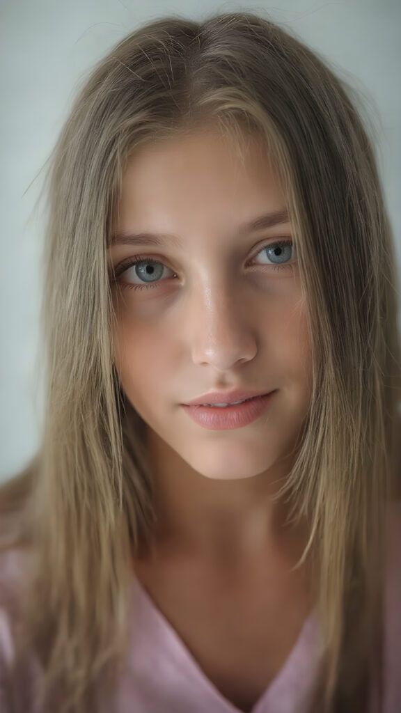 A stunningly realistic (((close-up portrait))), capturing a beautiful petite teen girl with straight long soft hair, looking seductive and smile. Her face exudes a unique combination of sharp features, with high cheekbones, almond-shaped eyes, and a soft, almost translucent complexion. The girl is wearing a light pink plain t-shirt with a deep v-neck, that accentuates her toned figure. She's posed seductively, the girl has beautiful straight soft long gold brown hair