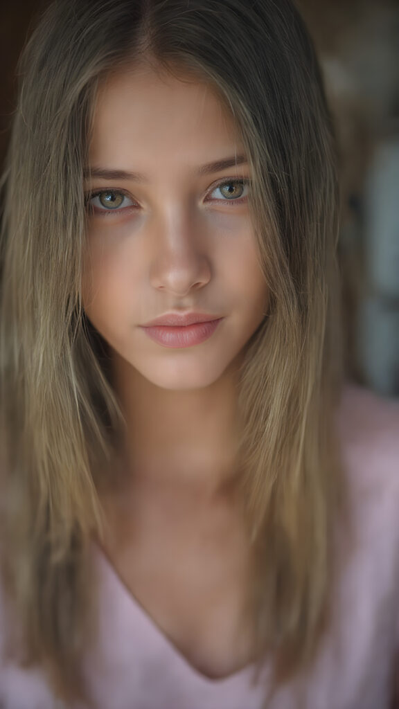 A stunningly realistic (((close-up portrait))), capturing a beautiful petite teen girl with straight long soft hair, looking seductive and smile. Her face exudes a unique combination of sharp features, with high cheekbones, almond-shaped eyes, and a soft, almost translucent complexion. The girl is wearing a light pink plain t-shirt with a deep v-neck, that accentuates her toned figure. She's posed seductively, the girl has beautiful straight soft long gold brown hair