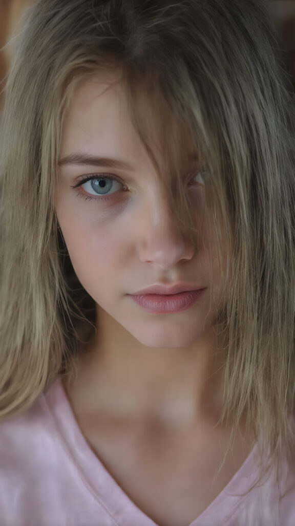 A stunningly realistic (((close-up portrait))), capturing a beautiful petite teen girl with straight long soft hair, looking seductive and smile. Her face exudes a unique combination of sharp features, with high cheekbones, almond-shaped eyes, and a soft, almost translucent complexion. The girl is wearing a light pink plain t-shirt with a deep v-neck, that accentuates her toned figure. She's posed seductively, the girl has beautiful straight soft long gold brown hair