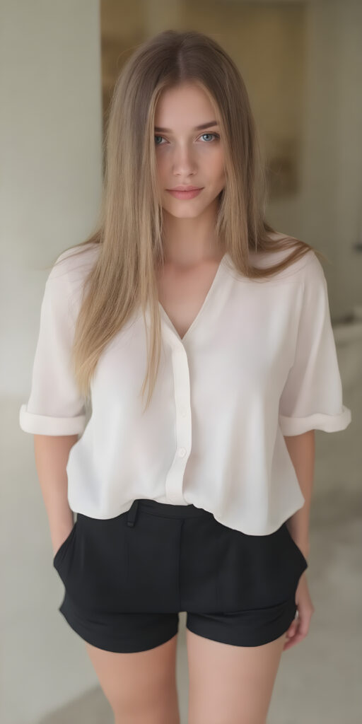 A (((super cute adult girl))) with pale skin and (((adorable sparkling eyes))), along with long, flowing (((soft long straight hair))), dressed in a sleek ((white blouse)), (((black mini shorts))), and (comfortable, casual shoes) that give off a cozy, laid-back vibe