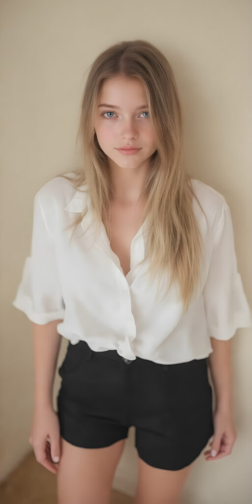 A (((super cute adult girl))) with pale skin and (((adorable sparkling eyes))), along with long, flowing (((soft long straight hair))), dressed in a sleek ((white blouse)), (((black mini shorts))), and (comfortable, casual shoes) that give off a cozy, laid-back vibe