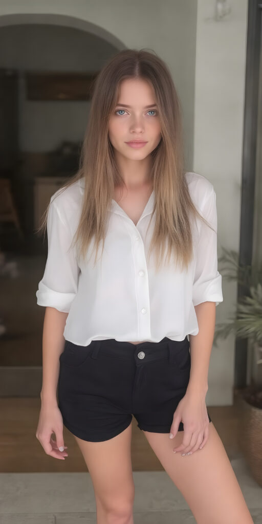 A (((super cute adult girl))) with pale skin and (((adorable sparkling eyes))), along with long, flowing (((soft long straight hair))), dressed in a sleek ((white blouse)), (((black mini shorts))), and (comfortable, casual shoes) that give off a cozy, laid-back vibe