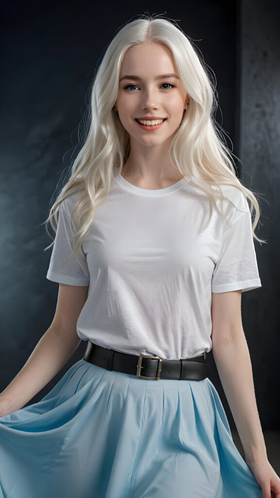 A (((super realistic and highly detailed full-body portrait))), featuring a (((beautiful young girl with pale skin and super long, flowing white hair))), looking sweetly into the camera, with (((vividly detailed, glowing white teeth))), wearing a (((white t-shirt and a blue skirt))), poised confidently, her head tilted back slightly, as if relaxed, against a backdrop of a (abstract dark, futuristic atmosphere), with a (modern, minimalist black leather belt) and a (abstract dark, futuristic atmosphere) that echo the artist's trademark aesthetic