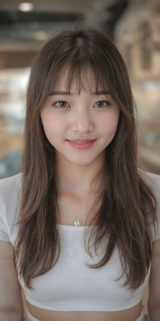 A (((super realistic and ultra high definition 4K image))), capturing a (((perfectly proportioned Korean teen girl) with a sleek, straight, and slightly down-cropped white crop top and (realistically proportioned body) that exudes an irresistible allure. Her features are breathtakingly beautiful, with (softly down-cropped bangs) that add to her charm. She wears a (short tight white crop top) that accentuates her (perfectly proportioned figure). The scene is framed from a (full-body perspective), looking directly into the camera with a warm smile. She exudes an air of sophistication and allure, as if she was posing for a high-resolution image that perfectly captures her essence. Her smile is both friendly and inviting, perfectly in line with the camera's focus. A small necklace with a crystal pendant adds to her ensemble and complements the overall look. She wears a short skirt and sports white tights, which emphasizes her (perfectly proportioned legs).