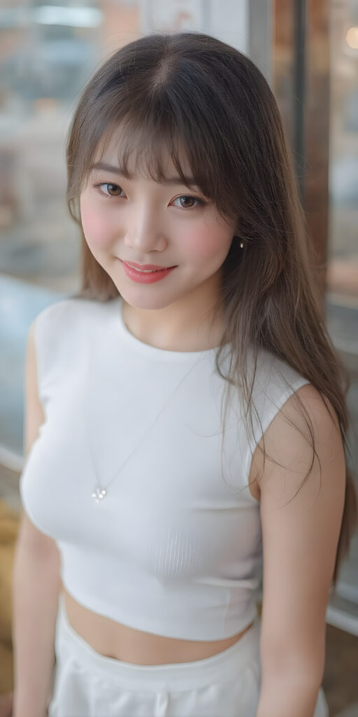 A (((super realistic and ultra high definition 4K image))), capturing a (((perfectly proportioned Korean teen girl) with a sleek, straight, and slightly down-cropped white crop top and (realistically proportioned body) that exudes an irresistible allure. Her features are breathtakingly beautiful, with (softly down-cropped bangs) that add to her charm. She wears a (short tight white crop top) that accentuates her (perfectly proportioned figure). The scene is framed from a (full-body perspective), looking directly into the camera with a warm smile. She exudes an air of sophistication and allure, as if she was posing for a high-resolution image that perfectly captures her essence. Her smile is both friendly and inviting, perfectly in line with the camera's focus. A small necklace with a crystal pendant adds to her ensemble and complements the overall look. She wears a short skirt and sports white tights, which emphasizes her (perfectly proportioned legs).