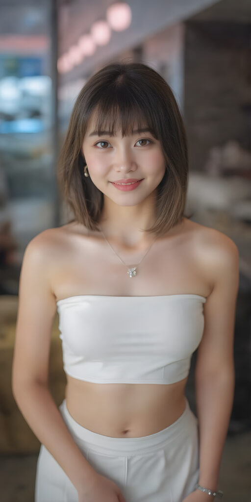 A (((super realistic and ultra high definition 4K image))), capturing a (((perfectly proportioned Korean teen girl) with a sleek, straight, and slightly down-cropped white crop top and (realistically proportioned body) that exudes an irresistible allure. Her features are breathtakingly beautiful, with (softly down-cropped bangs) that add to her charm. She wears a (short tight white crop top) that accentuates her (perfectly proportioned figure). The scene is framed from a (full-body perspective), looking directly into the camera with a warm smile. She exudes an air of sophistication and allure, as if she was posing for a high-resolution image that perfectly captures her essence. Her smile is both friendly and inviting, perfectly in line with the camera's focus. A small necklace with a crystal pendant adds to her ensemble and complements the overall look. She wears a short skirt and sports white tights, which emphasizes her (perfectly proportioned legs).