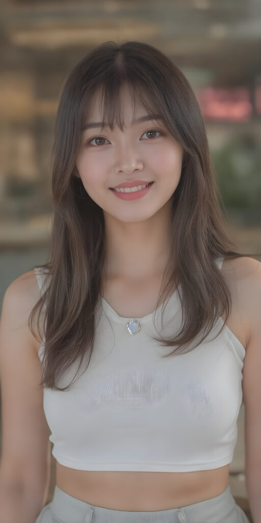 A (((super realistic and ultra high definition 4K image))), capturing a (((perfectly proportioned Korean teen girl) with a sleek, straight, and slightly down-cropped white crop top and (realistically proportioned body) that exudes an irresistible allure. Her features are breathtakingly beautiful, with (softly down-cropped bangs) that add to her charm. She wears a (short tight white crop top) that accentuates her (perfectly proportioned figure). The scene is framed from a (full-body perspective), looking directly into the camera with a warm smile. She exudes an air of sophistication and allure, as if she was posing for a high-resolution image that perfectly captures her essence. Her smile is both friendly and inviting, perfectly in line with the camera's focus. A small necklace with a crystal pendant adds to her ensemble and complements the overall look. She wears a short skirt and sports white tights, which emphasizes her (perfectly proportioned legs).