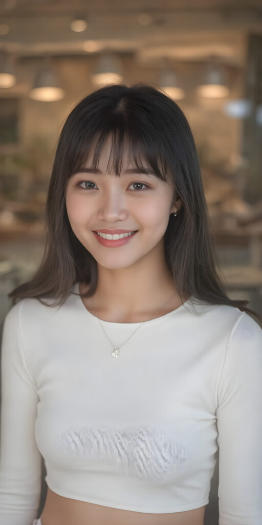 A (((super realistic and ultra high definition 4K image))), capturing a (((perfectly proportioned Korean teen girl) with a sleek, straight, and slightly down-cropped white crop top and (realistically proportioned body) that exudes an irresistible allure. Her features are breathtakingly beautiful, with (softly down-cropped bangs) that add to her charm. She wears a (short tight white crop top) that accentuates her (perfectly proportioned figure). The scene is framed from a (full-body perspective), looking directly into the camera with a warm smile. She exudes an air of sophistication and allure, as if she was posing for a high-resolution image that perfectly captures her essence. Her smile is both friendly and inviting, perfectly in line with the camera's focus. A small necklace with a crystal pendant adds to her ensemble and complements the overall look. She wears a short skirt and sports white tights, which emphasizes her (perfectly proportioned legs).