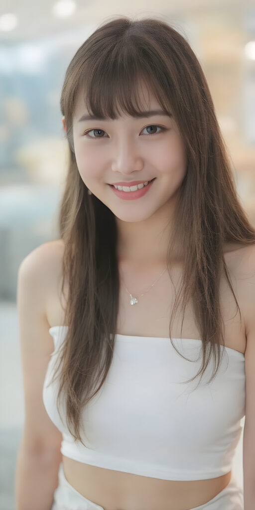 A (((super realistic and ultra high definition 4K image))), capturing a (((perfectly proportioned Korean teen girl) with a sleek, straight, and slightly down-cropped white crop top and (realistically proportioned body) that exudes an irresistible allure. Her features are breathtakingly beautiful, with (softly down-cropped bangs) that add to her charm. She wears a (short tight white crop top) that accentuates her (perfectly proportioned figure). The scene is framed from a (full-body perspective), looking directly into the camera with a warm smile. She exudes an air of sophistication and allure, as if she was posing for a high-resolution image that perfectly captures her essence. Her smile is both friendly and inviting, perfectly in line with the camera's focus. A small necklace with a crystal pendant adds to her ensemble and complements the overall look. She wears a short skirt and sports white tights, which emphasizes her (perfectly proportioned legs).