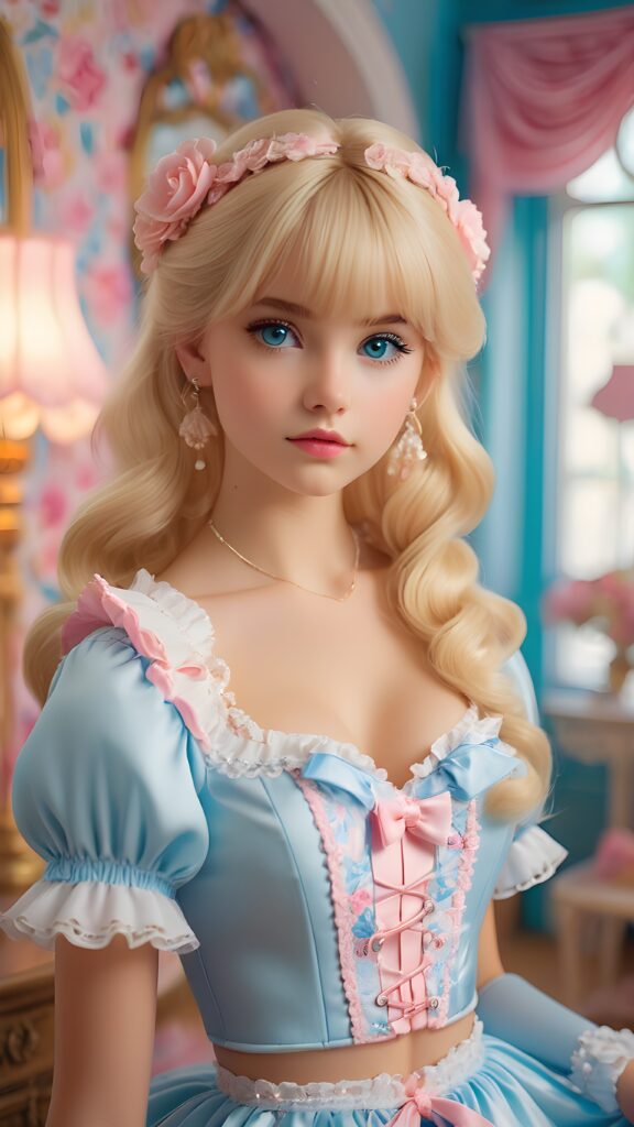 a sweet, young girl in Lolita style looks seductively at the viewer. She is lightly dressed, has blonde hair and blue eyes, ((gorgeous)) ((stunning)) ((perfect, detailed photo)) ((perfect curved body)), she is standing in her room, decorated in Barbie style