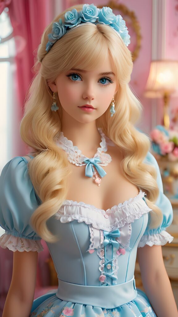 a sweet, young girl in Lolita style looks seductively at the viewer. She is lightly dressed, has blonde hair and blue eyes, ((gorgeous)) ((stunning)) ((perfect, detailed photo)) ((perfect curved body)), she is standing in her room, decorated in Barbie style