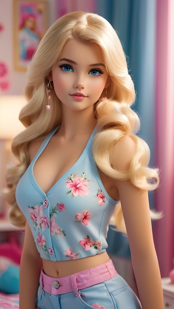 a sweet, young teen girl looks seductively at the viewer. She is lightly dressed, has blonde hair and blue eyes, ((gorgeous)) ((stunning)) ((perfect, detailed photo)) ((perfect curved body)), she is standing in her room, decorated in Barbie style