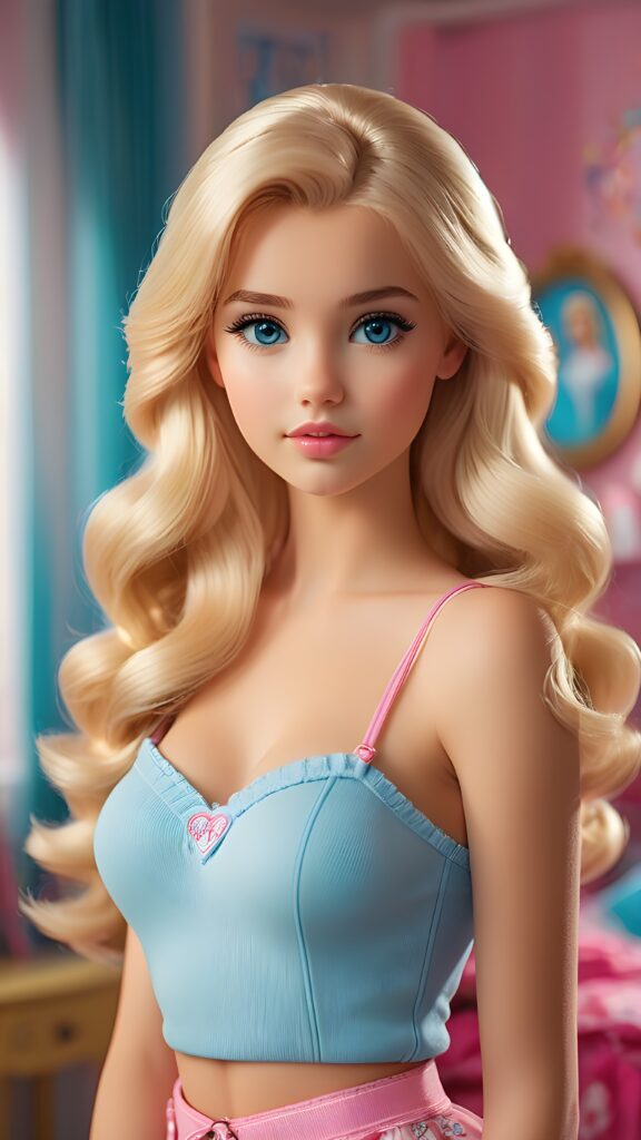 a sweet, young teen girl looks seductively at the viewer. She is lightly dressed, has blonde hair and blue eyes, ((gorgeous)) ((stunning)) ((perfect, detailed photo)) ((perfect curved body)), she is standing in her room, decorated in Barbie style