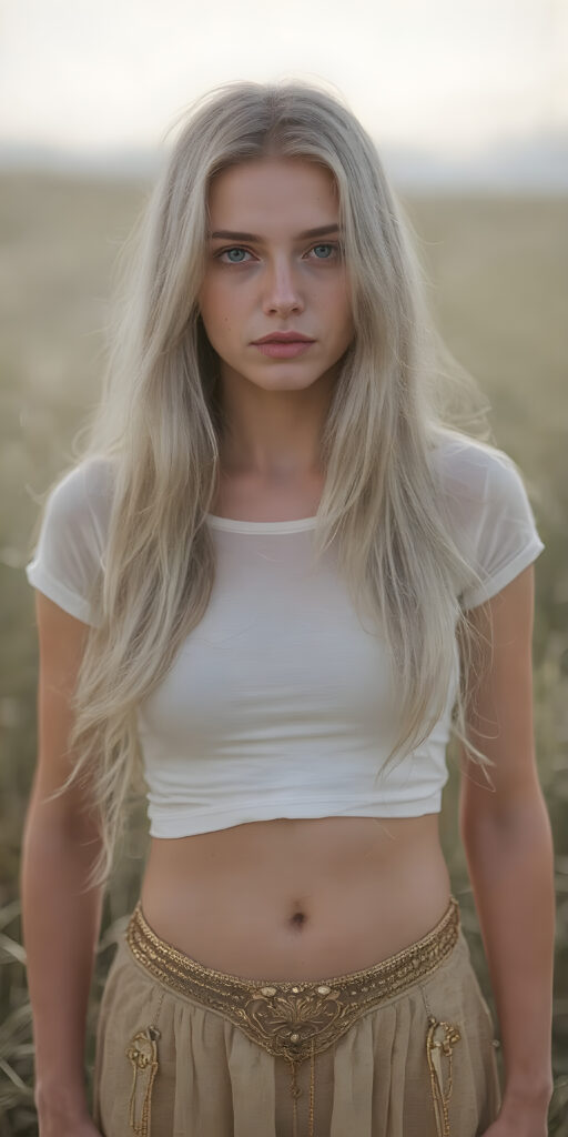 A (((very beautiful adult noob with pale skin and a delicate, almost translucent, silhouette of her figure, with very long, soft, white-gold hair that flows away in the wind and covers her entire back like a cloak, extending down to her thighs. Its soft, delicate strands intertwine with her skin in a very beautiful pattern, highlighting her natural beauty))), with (((brightly colored, natural eyes))), that exude a sense of innocence and curiosity. She's dressed in a ((super short tight white T-shirt that covers her front, paired with a (skirt) that extends just above her knees, and is decorated with (gold details) that match her skin tone. The shirt can't contain her curious expression, though, as it slightly peeks out from the top of her head, blending seamlessly with the natural texture of her skin and the skirt's golden ornamentation)), which is a tight, golden loincloth that covers her front and thighs.