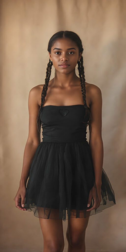 A (((very beautiful woman))) aged 17, whose image exudes confidence and vitality, embodying the essence of youthful charm. Her posture stands out as she wears a (black dress) with a (delicate heart design) that draws attention to her (calves) and (skinny legs). Her hair, featuring (braids) that add a whimsical touch to her look, captures the light in a (dynamic composition). The background, with a (softly diffused light) casts a warm glow on her skin, accentuating her (feminine curves) with a (high-resolution, UHD-like image) that captures the intricacies of her (calves) and gives a sense of (hyperrealism) at an (8K resolution)