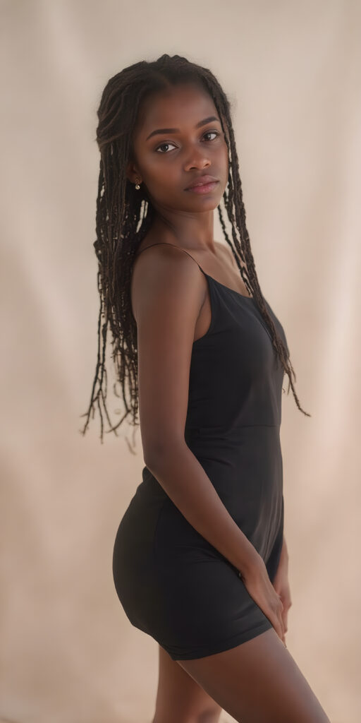 A (((very beautiful woman))) aged 17, whose image exudes confidence and vitality, embodying the essence of youthful charm. Her posture stands out as she wears a (black dress) with a (delicate heart design) that draws attention to her (calves) and (skinny legs). Her hair, featuring (braids) that add a whimsical touch to her look, captures the light in a (dynamic composition). The background, with a (softly diffused light) casts a warm glow on her skin, accentuating her (feminine curves) with a (high-resolution, UHD-like image) that captures the intricacies of her (calves) and gives a sense of (hyperrealism) at an (8K resolution)