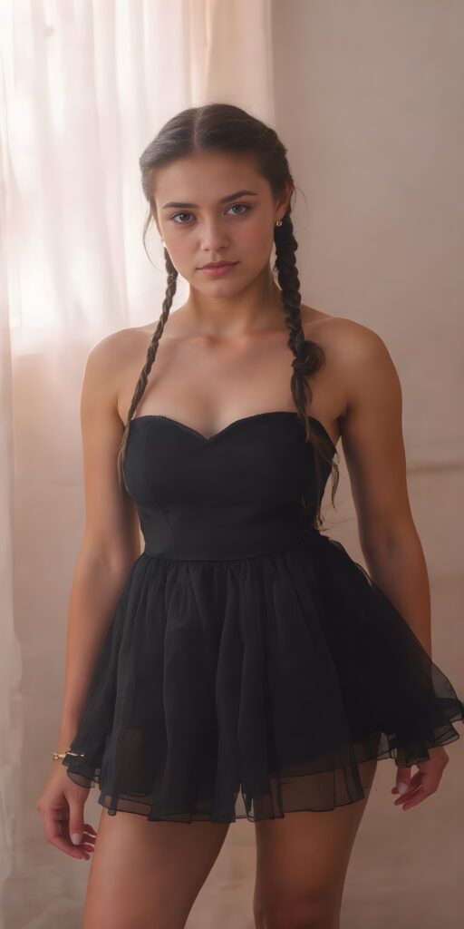 A (((very beautiful woman))) aged 17, whose image exudes confidence and vitality, embodying the essence of youthful charm. Her posture stands out as she wears a (black dress) with a (delicate heart design) that draws attention to her (calves) and (skinny legs). Her hair, featuring (braids) that add a whimsical touch to her look, captures the light in a (dynamic composition). The background, with a (softly diffused light) casts a warm glow on her skin, accentuating her (feminine curves) with a (high-resolution, UHD-like image) that captures the intricacies of her (calves) and gives a sense of (hyperrealism) at an (8K resolution)