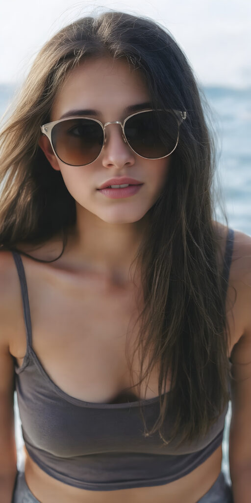 A (((very beautiful teen girl))), with perfectly aligned lips and symmetrically aligned teeth, posed in a (((tall, loose tank top))), (((hot pants))), and (((sunglasses, that complement her features and highlight her face))). Her long, flowing black hair is the envy of all who see her, extending gracefully into the water, where the sun's rays are caught in its every movement. The image exudes a sense of (laid-back coolness) that perfectly complements her stunning features, creating a breathtakingly realistic full-body photo that perfectly captures her beauty from every angle, she has a perfect formed belly button