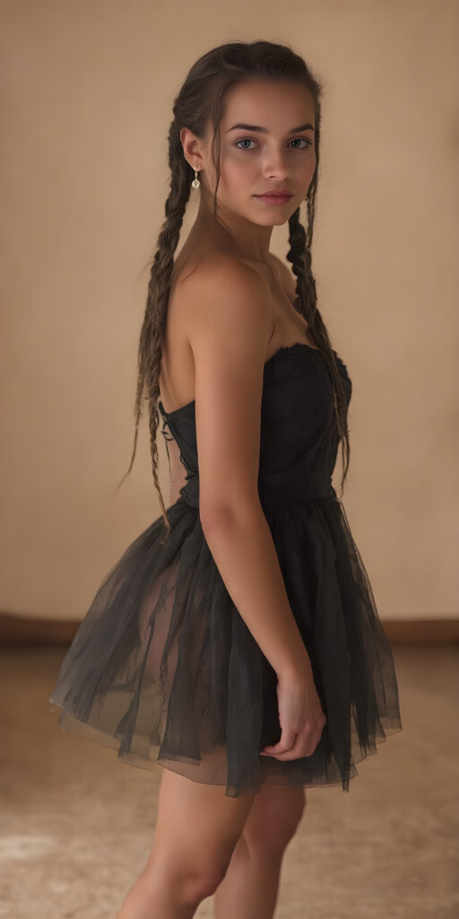 A (((very beautiful woman))) aged 17, whose image exudes confidence and vitality, embodying the essence of youthful charm. Her posture stands out as she wears a (black dress) with a (delicate heart design) that draws attention to her (calves) and (skinny legs). Her hair, featuring (braids) that add a whimsical touch to her look, captures the light in a (dynamic composition). The background, with a (softly diffused light) casts a warm glow on her skin, accentuating her (feminine curves) with a (high-resolution, UHD-like image) that captures the intricacies of her (calves) and gives a sense of (hyperrealism) at an (8K resolution)