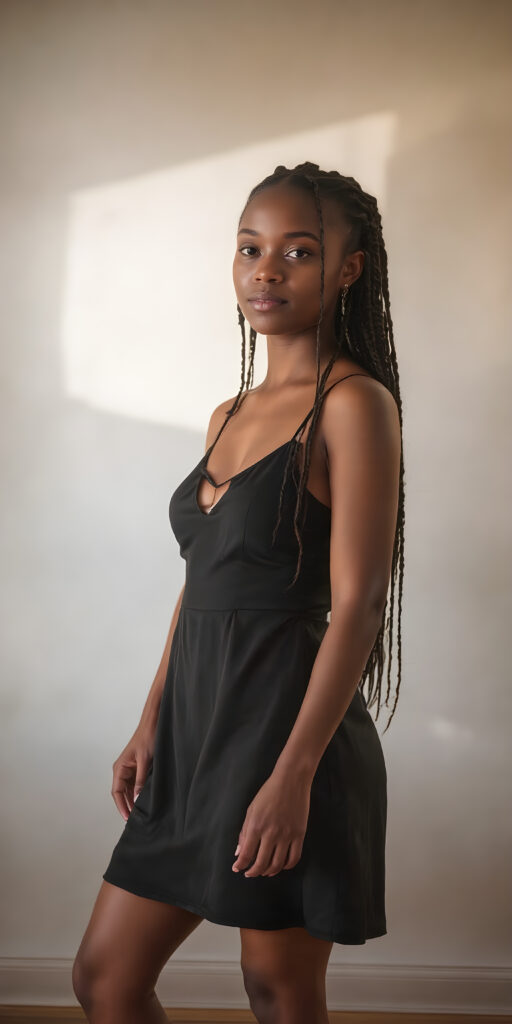 A (((very beautiful woman))) aged 17, whose image exudes confidence and vitality, embodying the essence of youthful charm. Her posture stands out as she wears a (black dress) with a (delicate heart design) that draws attention to her (calves) and (skinny legs). Her hair, featuring (braids) that add a whimsical touch to her look, captures the light in a (dynamic composition). The background, with a (softly diffused light) casts a warm glow on her skin, accentuating her (feminine curves) with a (high-resolution, UHD-like image) that captures the intricacies of her (calves) and gives a sense of (hyperrealism) at an (8K resolution)