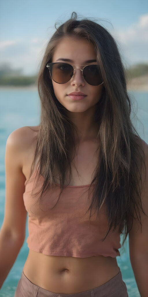 A (((very beautiful teen girl))), with perfectly aligned lips and symmetrically aligned teeth, posed in a (((tall, loose tank top))), (((hot pants))), and (((sunglasses, that complement her features and highlight her face))). Her long, flowing black hair is the envy of all who see her, extending gracefully into the water, where the sun's rays are caught in its every movement. The image exudes a sense of (laid-back coolness) that perfectly complements her stunning features, creating a breathtakingly realistic full-body photo that perfectly captures her beauty from every angle, she has a perfect formed belly button