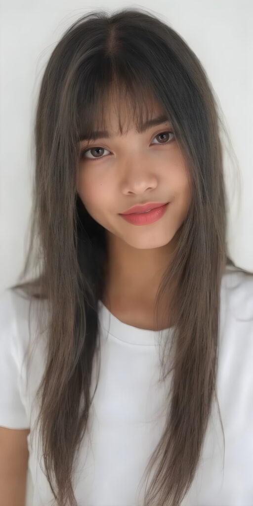 A (((vividly beautiful 20-year-old adult girl))), with (((thoughtfully long, soft black straight hair))), that gently curls into a (((playful but welcoming pose))), paired with (((full, defined red lips))), which add a pop of (colorful contrast) to her (((softly fitting white T-shirt))), giving off an air of (carefulness and attention to detail). Her skin is (light brown), a (soft color) that complements her (cheerful demeanor) perfectly. (((Perfect body))). (((Toned and defined arms and shoulders))), (((strongly hinted at))) in her posture, reflecting a (fantastical, whimsical beauty) that exudes (quality and attention to detail) in every detail of her being. (((8k resolution))), UHD, (((masterpiece))) image that captures the essence of this fantastical moment.