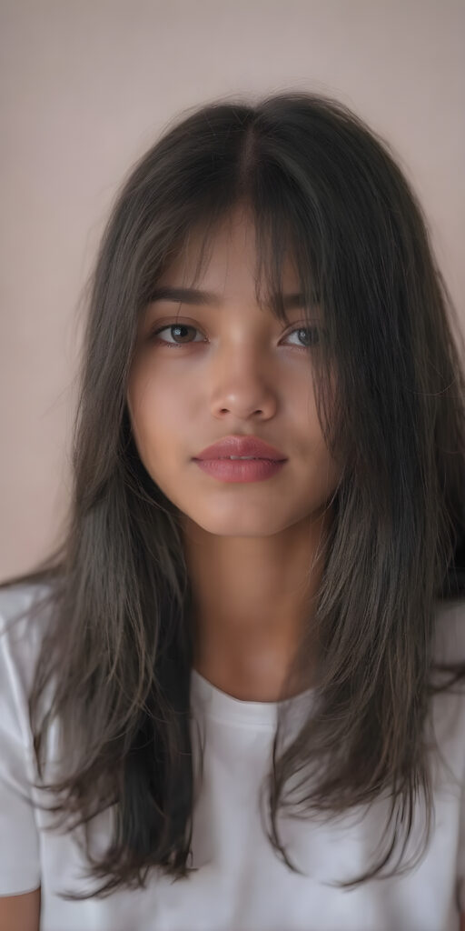 A (((vividly beautiful 20-year-old adult girl))), with (((thoughtfully long, soft black straight hair))), that gently curls into a (((playful but welcoming pose))), paired with (((full, defined red lips))), which add a pop of (colorful contrast) to her (((softly fitting white T-shirt))), giving off an air of (carefulness and attention to detail). Her skin is (light brown), a (soft color) that complements her (cheerful demeanor) perfectly. (((Perfect body))). (((Toned and defined arms and shoulders))), (((strongly hinted at))) in her posture, reflecting a (fantastical, whimsical beauty) that exudes (quality and attention to detail) in every detail of her being. (((8k resolution))), UHD, (((masterpiece))) image that captures the essence of this fantastical moment.