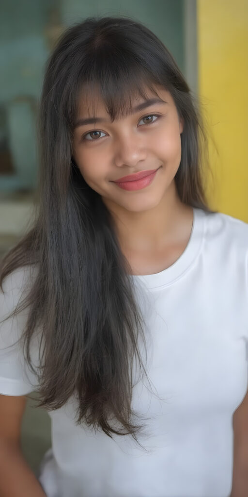 A (((vividly beautiful 20-year-old adult girl))), with (((thoughtfully long, soft black straight hair))), that gently curls into a (((playful but welcoming pose))), paired with (((full, defined red lips))), which add a pop of (colorful contrast) to her (((softly fitting white T-shirt))), giving off an air of (carefulness and attention to detail). Her skin is (light brown), a (soft color) that complements her (cheerful demeanor) perfectly. (((Perfect body))). (((Toned and defined arms and shoulders))), (((strongly hinted at))) in her posture, reflecting a (fantastical, whimsical beauty) that exudes (quality and attention to detail) in every detail of her being. (((8k resolution))), UHD, (((masterpiece))) image that captures the essence of this fantastical moment.