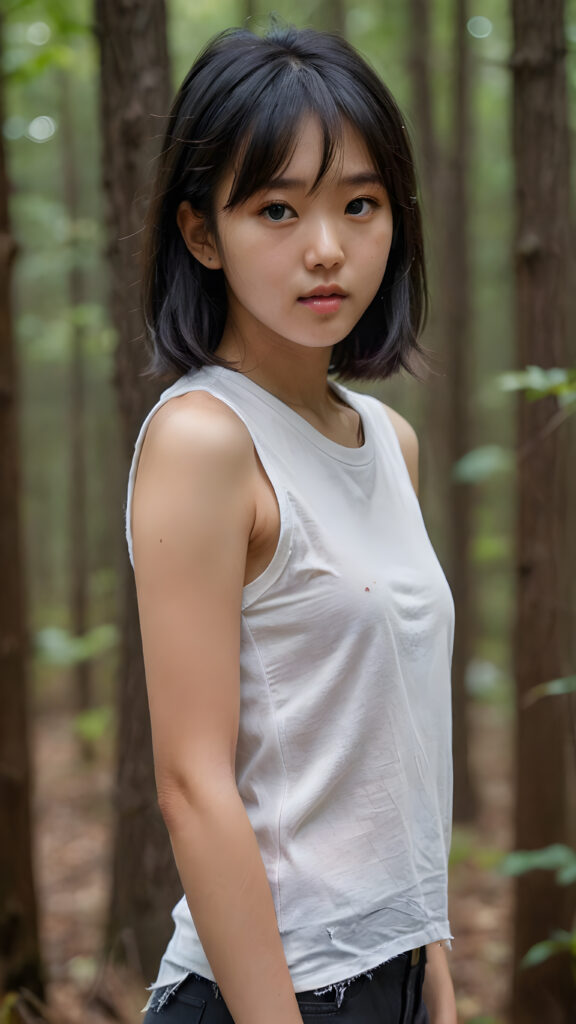 A (((vividly captured moment))) where a (((Korean cute young girl))), with straight jet-black hair bangs stands confidently, upper body portrait, exuding natural beauty. Her skin is flawless, with a slight translucency that adds to her overall appearance. She's dressed in a ((white sleeveless tattered and ripped t-shirt)) that perfectly complements her youthful appearance. The shirt, which is cut short, accentuates her toned figure, highlighting her full body in a softly detailed pose. Her eyes are perfectly detailed and add to her overall allure. The scene is set against a backdrop of a (natural, nighttime forest) that completes this truly unforgettable moment.